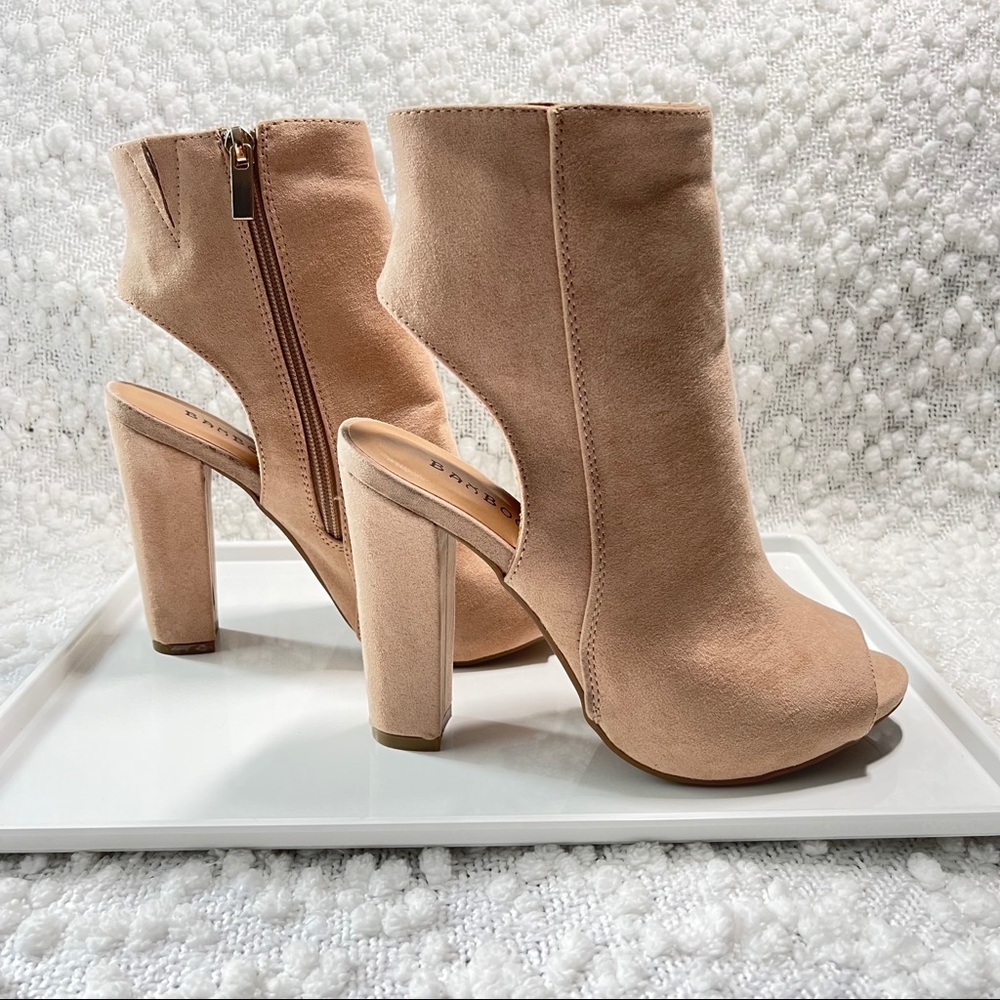Bamboo Cream PeepToe Open Back Block Heel Bootie